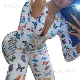 Women's Jumpsuits Rompers Colorful Butterfly Print Sexy Long Sleeve Bodycon Women 2021 Zipper Neck Club Outfits One Piece Cool Girl1 T230808