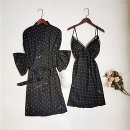 Women's Sleepwear Satin 2 Colors Robe Set Women Black Kimono Gown Summer 2PCS Polka Dot Nighty&Robe Lace Trim Home Wear