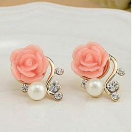 Stud Korean Fashion Jewellery Exaggerated Earrings Style Korean Women Ol Pink Rose Imitation Pearl Crystal Earrings Wholesale 230808