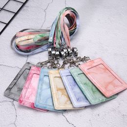 Unisex PU Marble ID Credit Bank Working Badge Card Holder with Hanging Rope Purse Bags Business Card Protectors Wallets Case