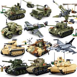 Electric/RC Car Airplane Plane Bomber Model Construction Toys Military Panzer Tank WW2 Aircraft Army Truck Armored Car Building Blocks For Kids 230807