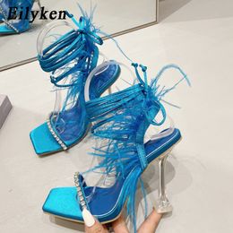 Fashion Eilyken Summer 462 Feather Women Sandals Lace-Up Cross-Tied Sexy Gladiator Square Toe Ladies High Heel Shoes 230807 c
