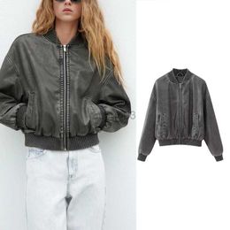 Women's Leather Faux Leather TRAF ZR Zipper Leather Jackets Woman Faux Fur Coat Perfecto Leather New In Outerwears Aviator Woman Y2K High Street Long Sleeve HKD230808