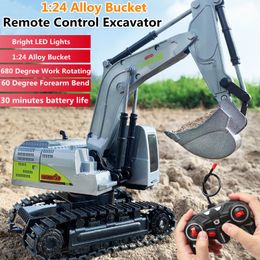 ElectricRC Car 1 24 AllTerrain Driving Remote Control Excavator 680 Degree Work Rotating 30Min Bright LED Lights Simulation Sound RC Trck Toy 230807