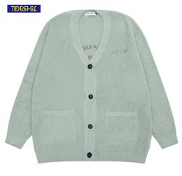 Men's Sweater Autumn Solid Thicker Warm Pockets Loose Letter Embroidery Tops Korean Vintage Cardigan Oversized 230807