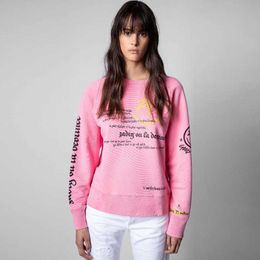 Zadig Voltaire Apparel Fashion Brand sportswear full of letters smiling faces slogans super heavy industry round neck women fleece Designers Tide Pure cotton tops
