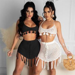 Work Dresses Tassel Knitted Two Piece Set Women Summer Beach Outfits Lace Up Halter Backless Bra Crop Top Mini Skirts Hollow Out Holiday