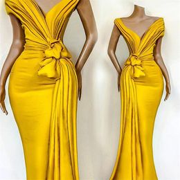 Yellow 2020 African Evening Dresses Pleats Knoted Mermaid Prom Gowns V Neck Short Sleeve Ruffles Formal Party Celebrity Gowns2074