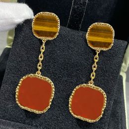 Luxury Brand Women Earrings Natural Amber Premium Red Agate Clover Dangle Earrings Vintage Copper Earrings Party Jewellery