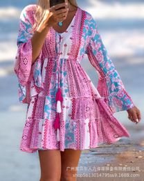 Casual Dresses Floral Tribal Print Ruffles Smock Dress Summer Women Sexy Flared Long Sleeve A Line 2023 Lace Up Vestidos