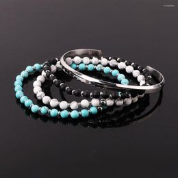 Strand High Quality Stainless Steel Bangle Natural Stone Turquoise Beaded Bracelet Set Women Men