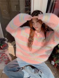 Women's Sweaters Polo Collar Sweater Long Sleeve Pink Green Stripes Autumn Winter Korean Style Fashion Sweet For Girl