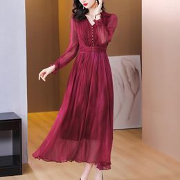 Casual Dresses Spring/Summer 2023 Silk Long Sleeve Solid Colour Dress High End Exquisite Style Slim Waist Holiday Red