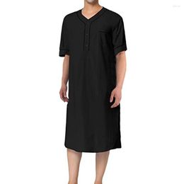 Men's Sleepwear Breathable Men Nightgown Comfortable V-neck Sleep Robe With Patch Pocket Mid-calf Length For Leisure