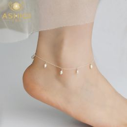 Anklets ASHIQI Natural Freshwater Pearl 925 Sterling Silver Anklets for Women 34mm pearl Foot Jewellery Silver Female Leg Chain 230808