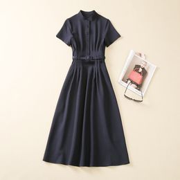 2023 Summer Dark Blue Solid Color Waist Belted Dress Short Sleeve Stand Collar Buttons Midi Casual Dresses A3Q102216