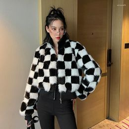 Women's Fur Girl Short Black And White Checkerboard Imitation Coat Winter Furry