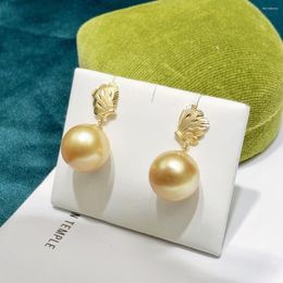 Dangle Earrings Fine Jewellery Pure 18K Yellow Gold Natural 11-12mm Fresh Water Golden Round Pearl For Women