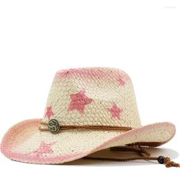 Berets Summer Outdoor Women Hand-woven Western Cowboy Straw Hats Girls Wide Brim Breathable Beach Jazz Cap Sun Protection Hat