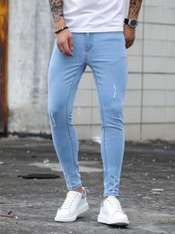 Men's Jeans 2023 Men Stretch Skinny Male Designer Elastic Scratch Denim Pencil Pants Streetwear Sky Blue Fashion