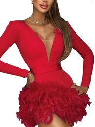 Casual Dresses Elegant Feather Trim Bodycon Dress With Mesh V Neck And Long Sleeves - Perfect For Spring Fall Evening Parties Clubwear