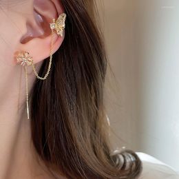 Dangle Earrings Shiny Zircon Butterfly Ear Cuff Gold Colour Tassel Clip On For Women Korea Style Copper Long Drop Earring Jewellery Gifts