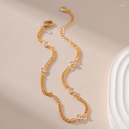 Anklets Simple Flat Link Chain Women 18k Gold Plated Metal Anklet With White Round Crystal Boy Girl Summer Daily Wear Foot Jewelry