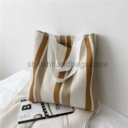 Shoulder Korean version minimalist handbag net red small and fresh striped canvas women's casual artistic large capacity shoulder bagstylishhandbagsstore