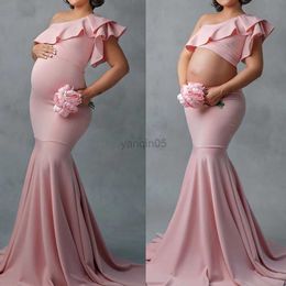 Maternity Dresses Ruffles One Shoulder Maternity Dress for Photo Shoot Elegant Crop Top Maxi Skirt Set for Baby Shower Maternity Photoshoot Casual hkd230810