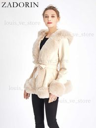 ZADORIN Winter Coat Women 2023 Furry Hood Suede Black Faux Fur Coat With Belt Thick Warm Fur Cardigan Faux Fur Jackets for Women T230808