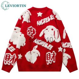 Men's Sweaters Chinese New Year Rabbit Year Mahjong Print Sweaters Men Couples Luxury Drop Shoulder Harajuku Pullover Oversized Knitwears Tops J230808