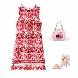 2023 Summer Red Floral Print Dress Sleeveless Round Neck Knee-Length Casual Dresses A3Q102217