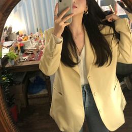 Women's Suits Blazer Spring Casual Long Blazers Jackets Coat Notched Collar Yellow Chaqueta Mujer Pocket Outerwear Loose Plus Size 230807