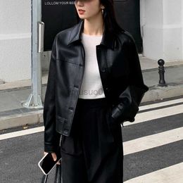 Women's Leather Faux Black Cropped Jacket Women Korean High Street Blazers Vintage Streetwear Moto Bike Autumn 2021 New HKD230808