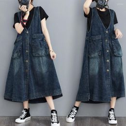 Casual Dresses M-2XL Women Denim Dress Sleeveless Retro Temperament Plus Sizes V-neck Solid