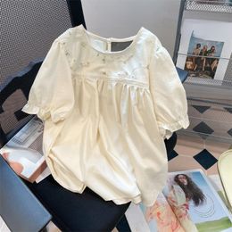 Women's Blouses French Sweet O Neck Puff Sleeve Embroidery Stitching Shirts Preppy Style Summer Casual Loose All Match Women Clothes