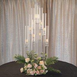 only can use led candle)Clear 10 Arm Crystal Cluster Round Taper Candelabra Candle Holder For Votive Pillar or LED Candles With clear flower stand Centrepieces 902