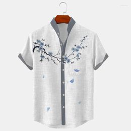 Men's Casual Shirts 3D Printed Shirt Linen Pattern Parrot Leaf Standing Collar White Light Green Purple Grey Outdoor Stree