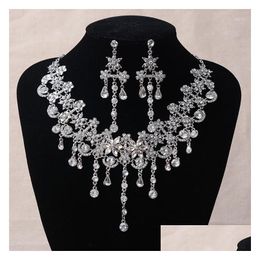 Earrings Necklace Set Luxury Sier Color Crystal Flowers Bridal Jewelry For Women Statement Earring Rhinestone Tiara Drop De Dhgarden Dhtpb
