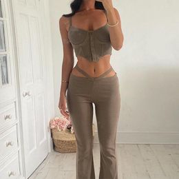 Women's Two Piece Pants Streetwear Women Tracksuit Khaki Y2k Set Cami Top Cut Out Bell Bottom Sexy Rave Outfit Flared Matching Suit