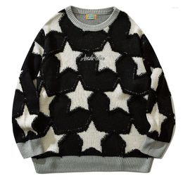 Men's Sweaters High Street Causal Pullovers Men Japanese O-neck Pentagram Patchwork Knitted Loosed Warm Couple Jumpers 2023 Black