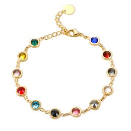 Charm Bracelets JINHUI Colourful Bejewelled Bracelet ity T S Stainless Steel Bangle for Women 12 Birthstones Rainbow Crystal Chain Jewellery 230807