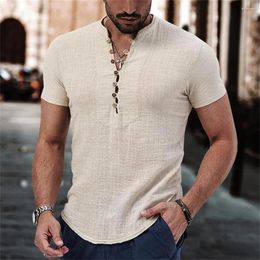 Men's Casual Shirts Summer T-Shirt Blouse Pullover Shirt Tunic Tops Male Fashion Men Cotton Linen Tee Solid Beach Top Thin Breathe