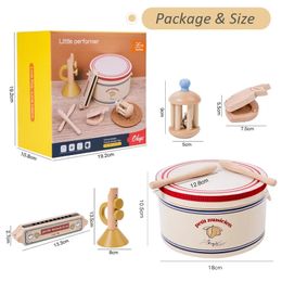 5pcs Musical Instrument Toys Set Wooden Percussion Drum Castanets Harmonica Music Toys Educational Toys for Kids Gift