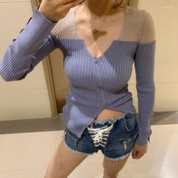 Women's Sweaters 2023 Women Spring Fall Long Sleeve Solid Colour Knitwear Female Contrast Stitching Asymmetrical Breasted Sexy Thin Grey Knit