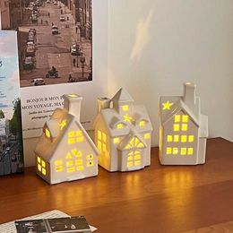 Creative White Ceramic Christmas Light Up Cone House Home Decor LED Lights Xmas Ornaments Lamp New Gift Festival Decorations L230620