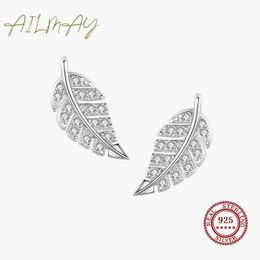 Stud Ailmay Top Quality Real 925 Sterling Silver Simple Fashionc Feather Earrings Sparkling CZ Fine Female Fashion Jewelry 230807