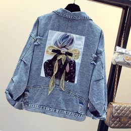 Womens Jackets Women Embroidery ripped Denim Biker Jacket Retro Long Sleeve Turn Down Collar Drop Shoulder Jean Coat Cardigan Moto Outerwear 230808