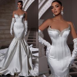 Gorgeous Mermaid Wedding Dresses Pearls Sweetheart Bone Bodice Wedding Dress Satin Sweep Train robe de mariee bridal gowns