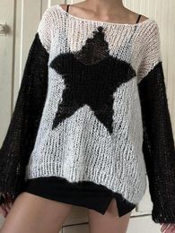 Women's Sweaters Gothic Women Loose Fluffy Sweater Star Pattern Cute Soft Long Sleeve Pullover Tops Knitwear For Fall Warm Y2k Streetwear